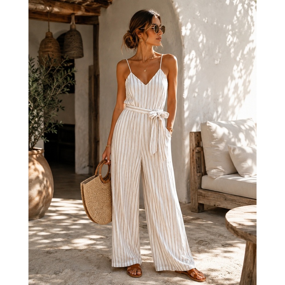 Abercrombie & Fitch Striped Linen Blend Wide Leg Jumpsuit Tie Waist Cream Tan